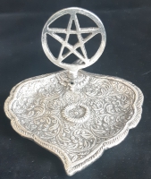 Wierookbrander pentagram met blad antiek zilver